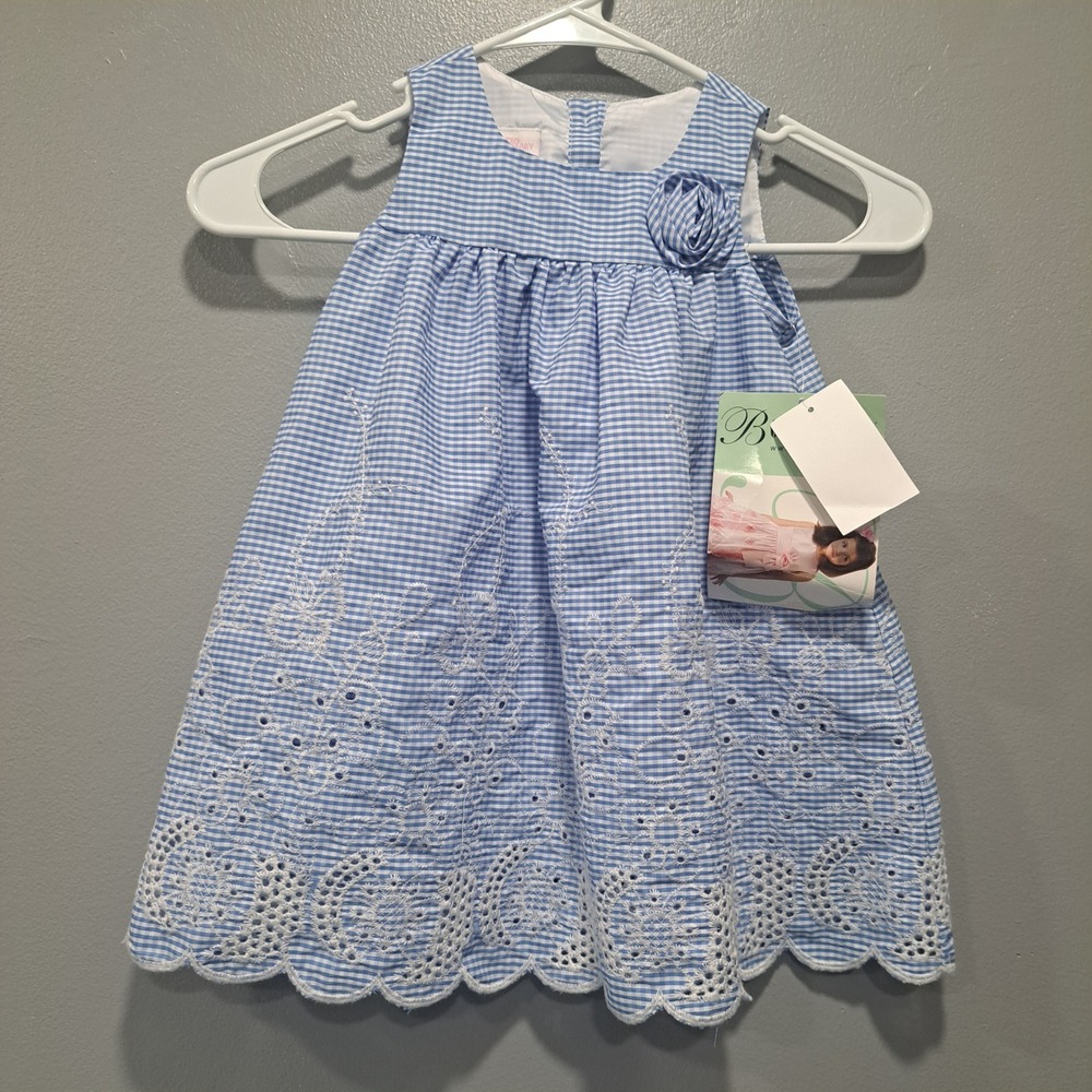 Bonnie Baby‎ Blue Gingham Eyelet Scalloped Dress 24M M10245-PV BLU